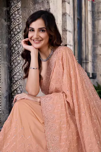 Trendmalls Orange art Silk Thread Embroidery Work Saree for Women