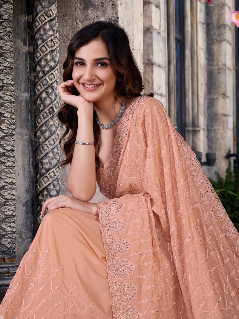 Orange art Silk Thread Embroidery Work Saree for Women