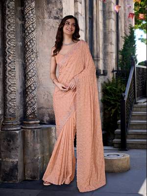 Orange art Silk Thread Embroidery Work Saree for Women 6