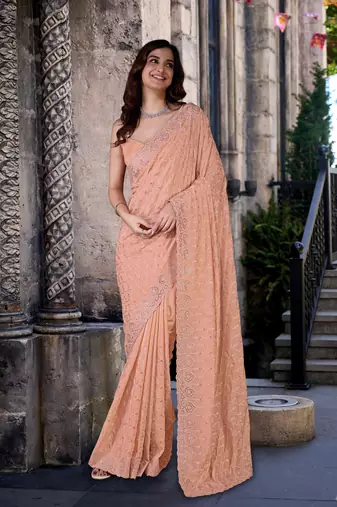 Trendmalls Orange art Silk Thread Embroidery Work Saree for Women