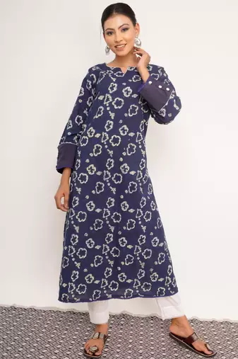 Indigo Printed Cotton Kurti Wide Leg Pant