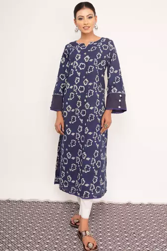 Indigo Printed Cotton Kurti Wide Leg Pant