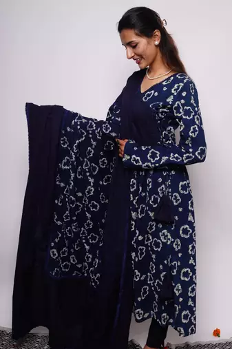 Indigo Printed Cotton Kurti Pant Dupatta