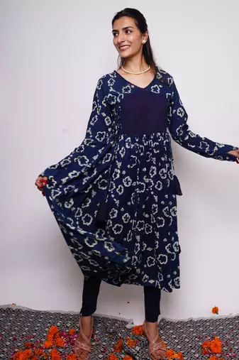Indigo Printed Cotton Kurti Pant Dupatta