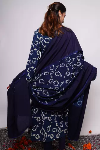 Indigo Printed Cotton Kurti Pant Dupatta