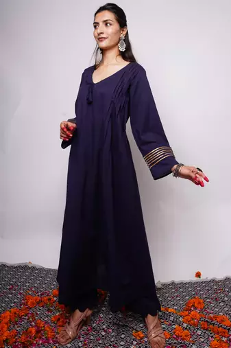 Navy Blue Plain Cotton Kurti Pallazo