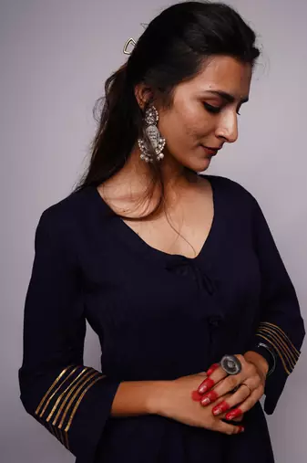Navy Blue Plain Cotton Kurti Pallazo