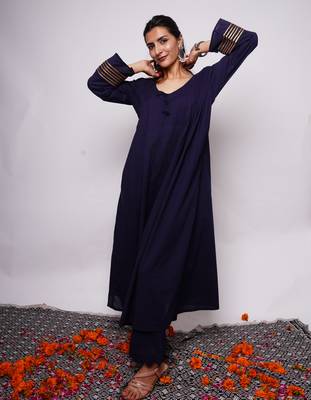 Navy Blue Plain Cotton Kurti Pallazo 4