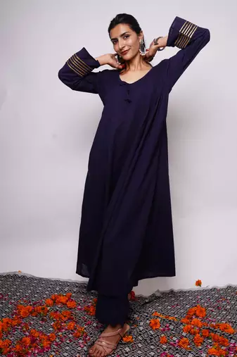 Navy Blue Plain Cotton Kurti Pallazo