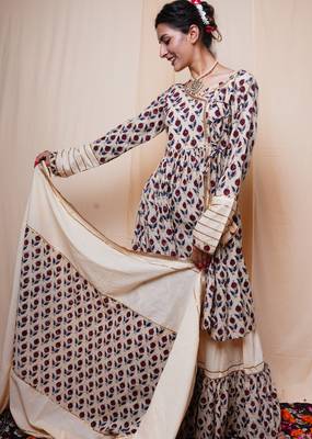 Beige Printed Cotton Kurti Sharara Dupatta 1