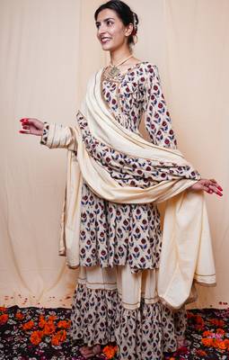 Beige Printed Cotton Kurti Sharara Dupatta 2