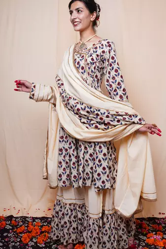 Beige Printed Cotton Kurti Sharara Dupatta