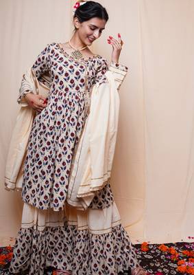 Beige Printed Cotton Kurti Sharara Dupatta 3