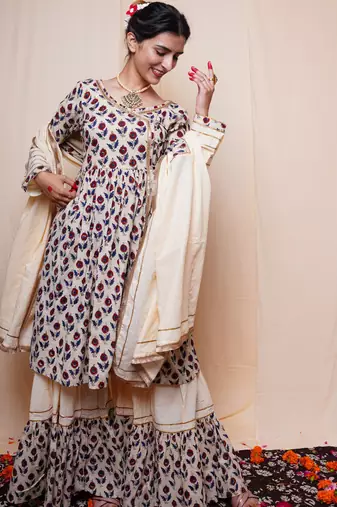 Beige Printed Cotton Kurti Sharara Dupatta