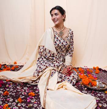 Beige Printed Cotton Kurti Sharara Dupatta 4