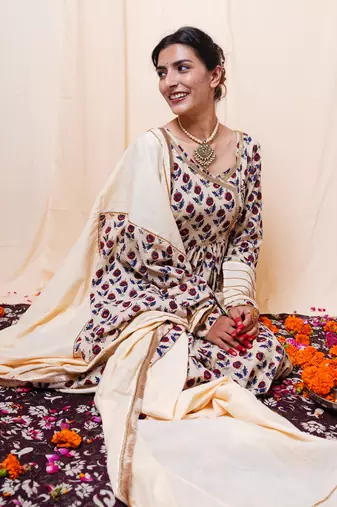 Beige Printed Cotton Kurti Sharara Dupatta