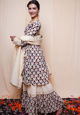 Beige Printed Cotton Kurti Sharara Dupatta 5