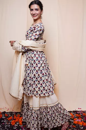 Beige Printed Cotton Kurti Sharara Dupatta