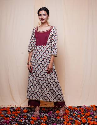 beige bagru printed cotton kurta palazzo set 1