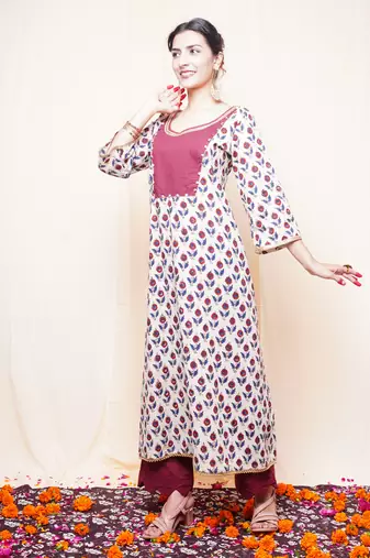 beige bagru printed cotton kurta palazzo set