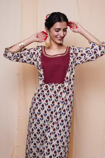 beige bagru printed cotton kurta palazzo set