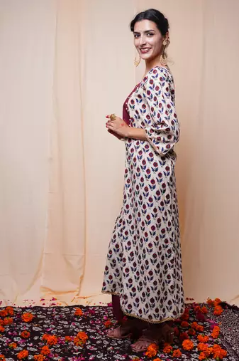 beige bagru printed cotton kurta palazzo set