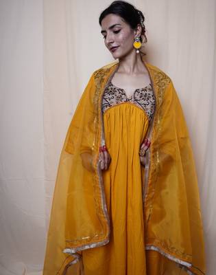 Mustard Printed Cotton Kurti Pant Dupatta 2