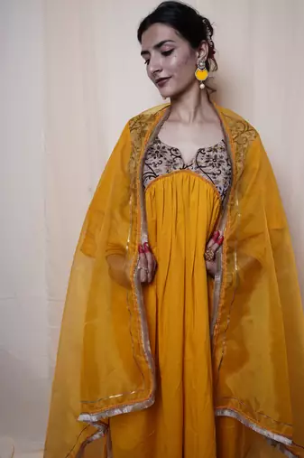 Mustard Printed Cotton Kurti Pant Dupatta