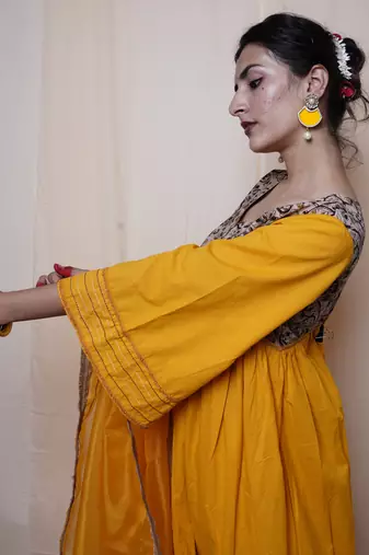Mustard Printed Cotton Kurti Pant Dupatta