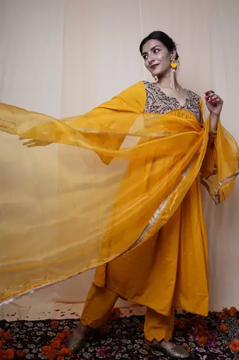 Mustard Printed Cotton Kurti Pant Dupatta