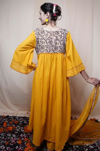 Mustard Printed Cotton Kurti Pant Dupatta