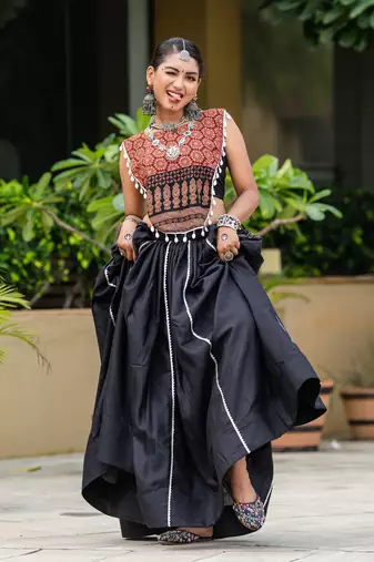 Black Color Pure Cotton Printed Navratri Multicolored Color Pure Cotton Printed Navratri Semi -Stitched Chaniya Choli 