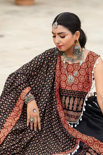 Black Color Pure Cotton Printed Navratri Multicolored Color Pure Cotton Printed Navratri Semi -Stitched Chaniya Choli 