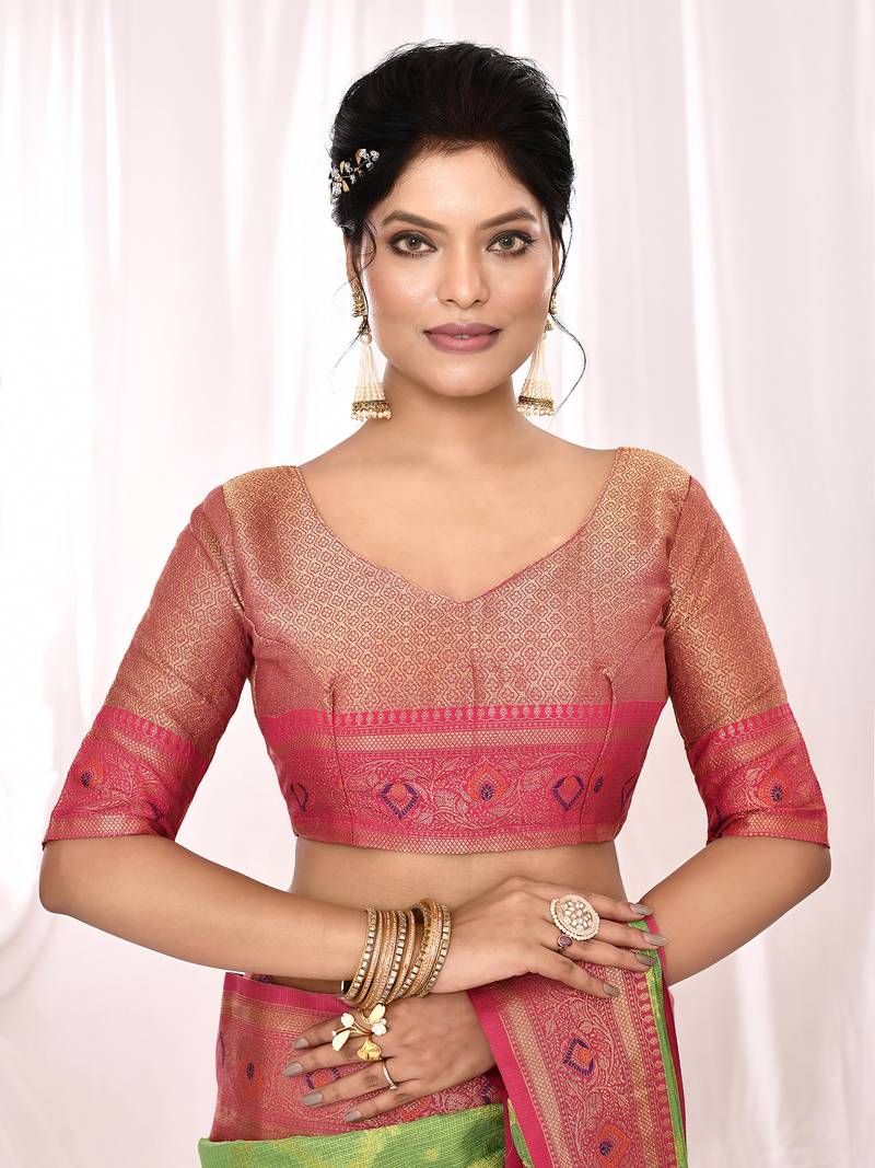 Elora soft silk banarasi woven chex weaving saree (green)