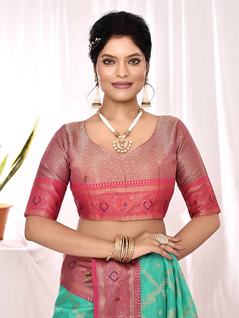 Elora soft silk banarasi woven chex weaving saree (sea green)