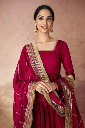 Red embroidered georgette anarkali gown