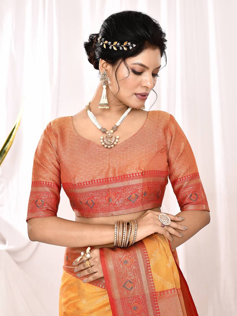 Elora soft silk banarasi woven chex weaving saree (yellow)