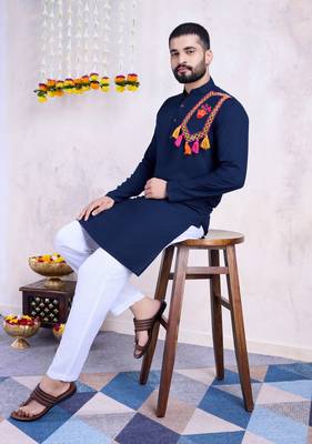 Navy blue rayon embroidery with mirror work wedding function festival navratri party wear diwali straight kurta 1