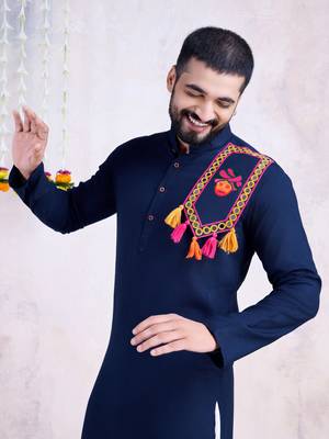 Navy blue rayon embroidery with mirror work wedding function festival navratri party wear diwali straight kurta 2