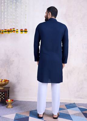 Navy blue rayon embroidery with mirror work wedding function festival navratri party wear diwali straight kurta 4