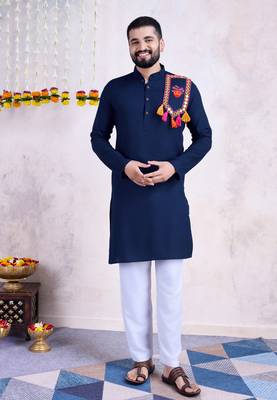 Navy blue rayon embroidery with mirror work wedding function festival navratri party wear diwali straight kurta 5