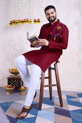 Maroon rayon embroidery with mirror work wedding function festival navratri party wear diwali straight kurta 1