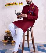 Maroon rayon embroidery with mirror work wedding function festival navratri party wear diwali straight kurta