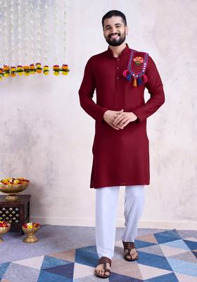 Maroon rayon embroidery with mirror work wedding function festival navratri party wear diwali straight kurta 5