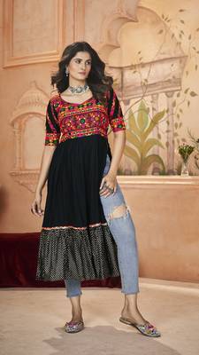 Black rayon prin with embroidered with real mirror work navratri party wear daily wear diwali long kurti 1