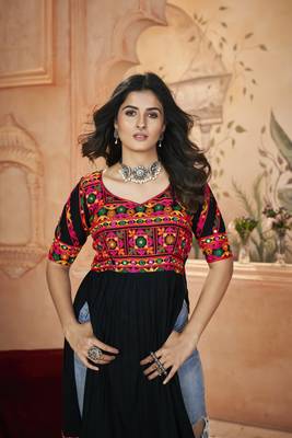 Black rayon prin with embroidered with real mirror work navratri party wear daily wear diwali long kurti 3