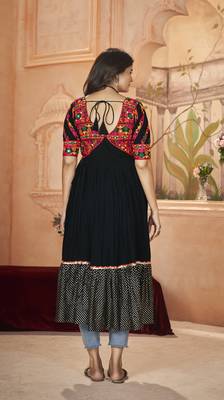Black rayon prin with embroidered with real mirror work navratri party wear daily wear diwali long kurti 4