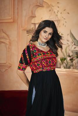 Black rayon prin with embroidered with real mirror work navratri party wear daily wear diwali long kurti 5