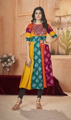 Multicolor rayon prin with embroidered with real mirror work navratri party wear daily wear diwali long kurti 1