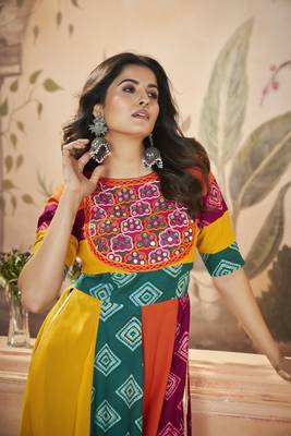 Multicolor rayon prin with embroidered with real mirror work navratri party wear daily wear diwali long kurti 3
